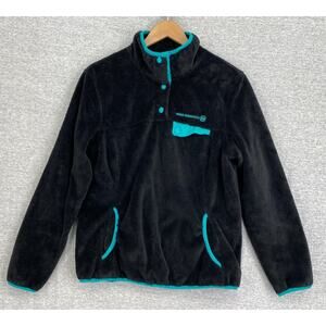 Free Country Sweater Womens Large Black Teal Fleece Pullover Snap Closure Warm